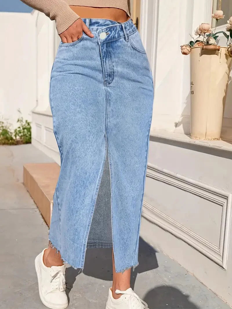 Asymmetrical Slant Denim Midi Skirt with Raw Cut Detail & Waist Split - Women's Casual Denim Apparel