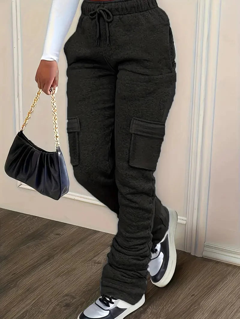 Ruched Solid Pants, Long-Length Casual Drawstring Bottoms, Women's Apparel
