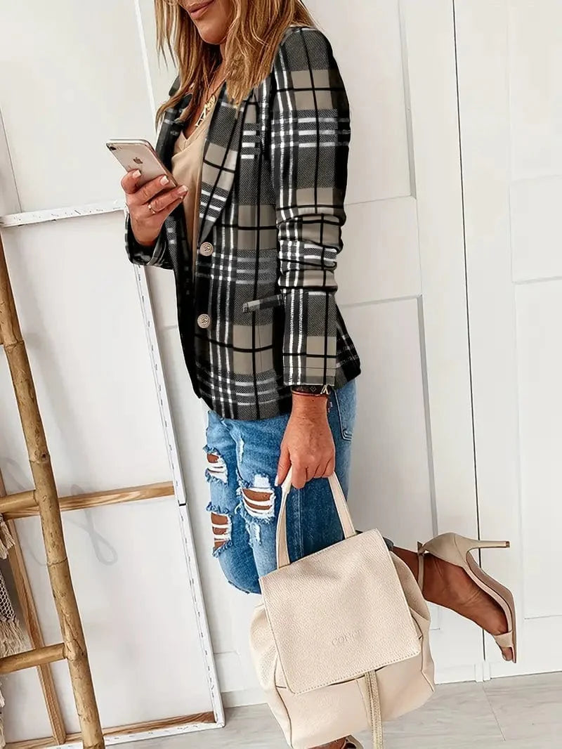 Plaid Lapel Blazer with Single Breasted Long Sleeve - Women's Outerwear