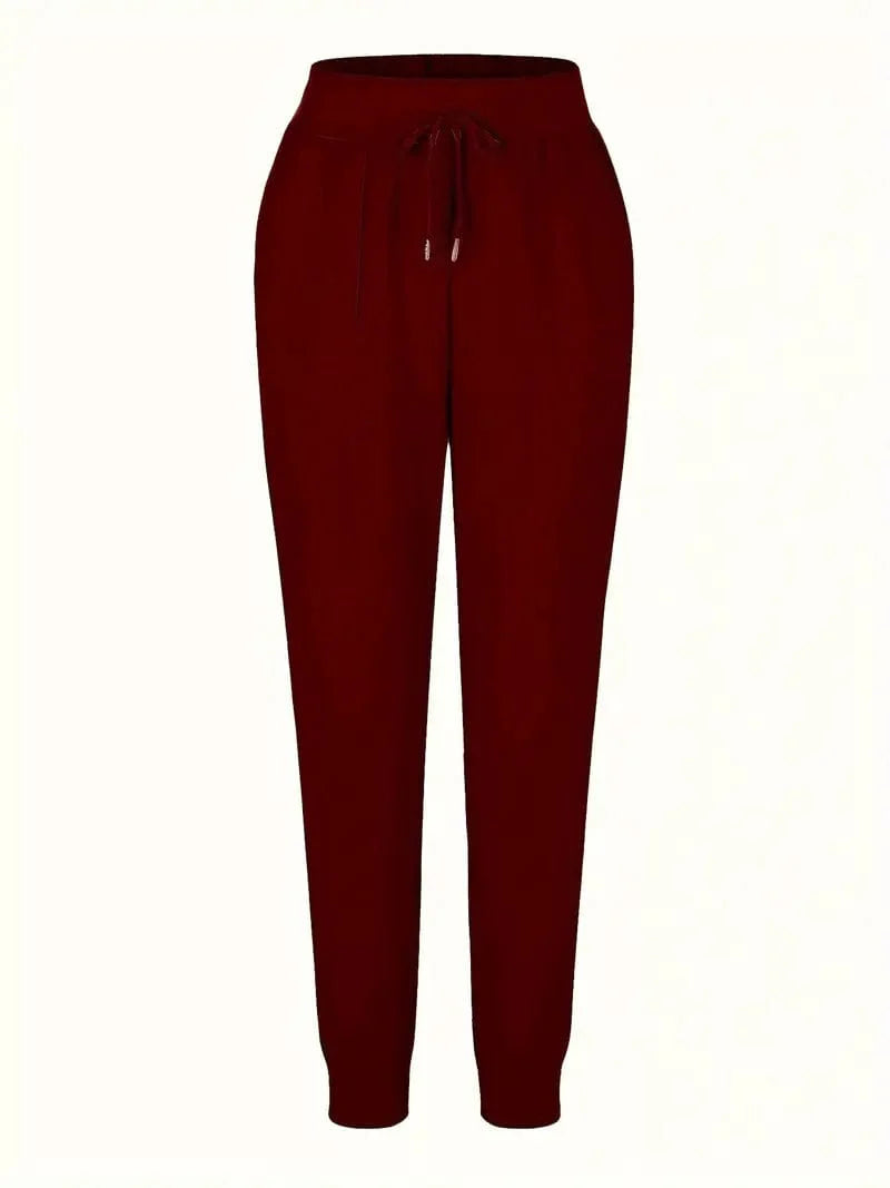 Solid Drawstring Pants, Women's Casual Long Length Trousers With Pockets