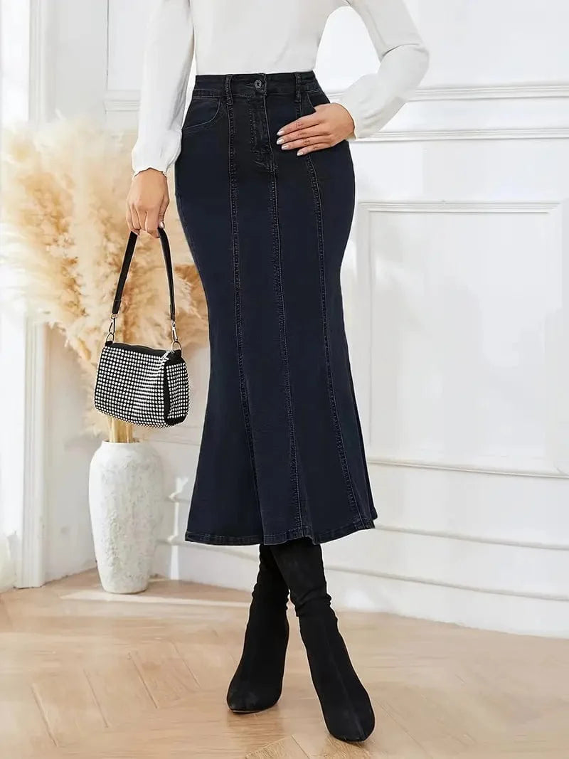 Mermaid Denim Skirt with Slant Pockets - Stretch High Waist Women's Denim Midi Skirt