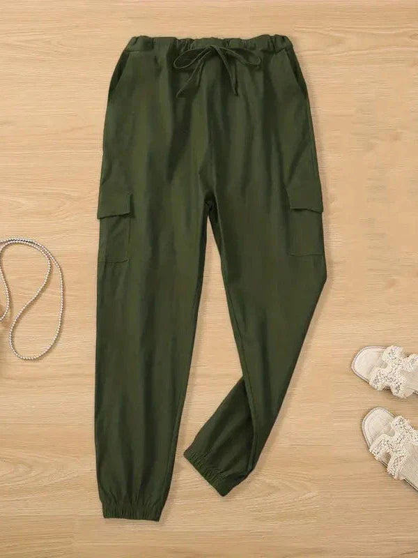 Solid Drawstring Cargo Pants for Y2K, Elastic Waist Casual Trousers With Pockets, Women's Clothing