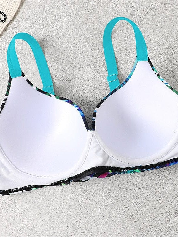 Blue Leaf Print Backless Bikini Set with Push-Up Top for Women