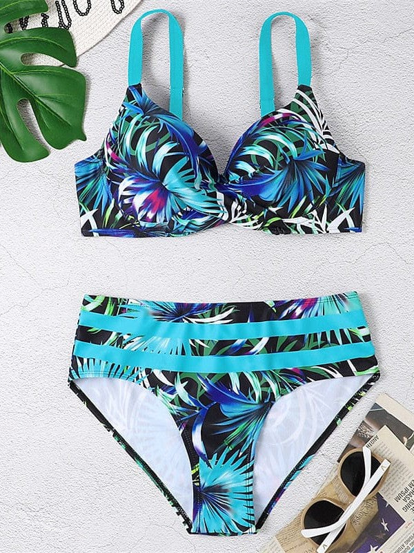 Blue Leaf Print Backless Bikini Set with Push-Up Top for Women