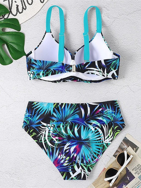 Blue Leaf Print Backless Bikini Set with Push-Up Top for Women