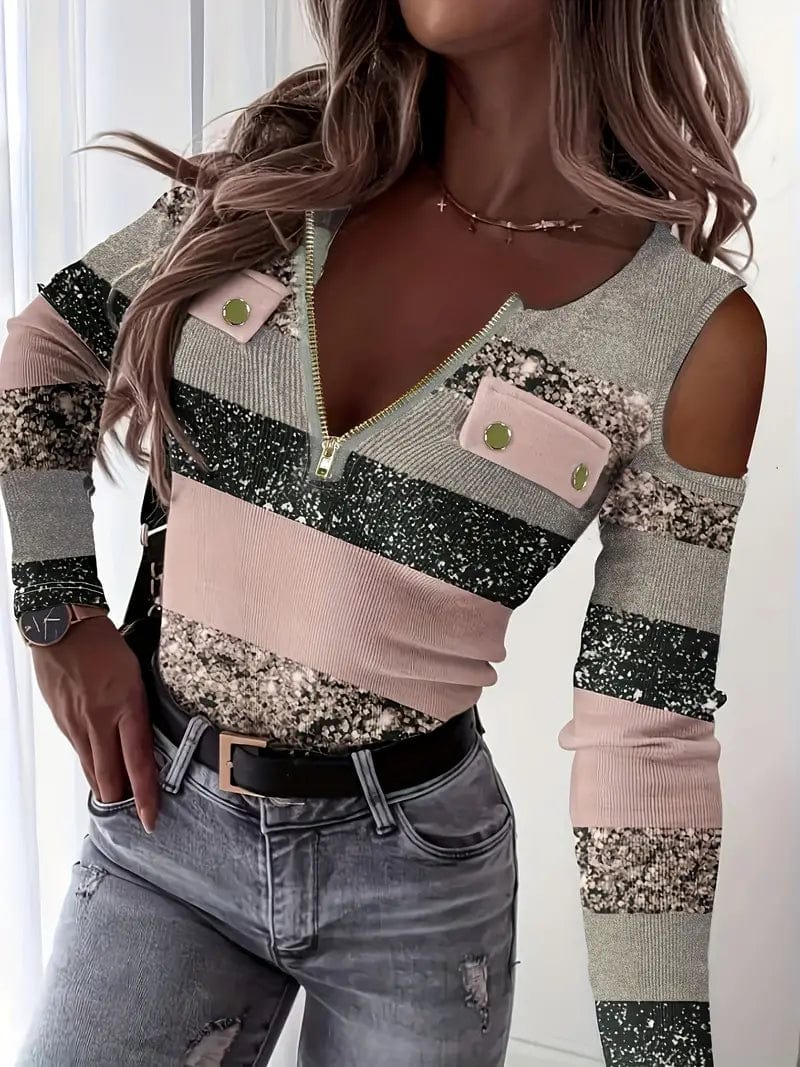 Zipper Color Block T-shirt, Casual Cold Shoulder Long Sleeve Tee for Women