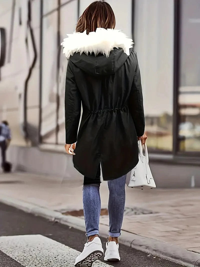 Zip-Up Faux Fur Hood Parka Coat with Thermal Lining