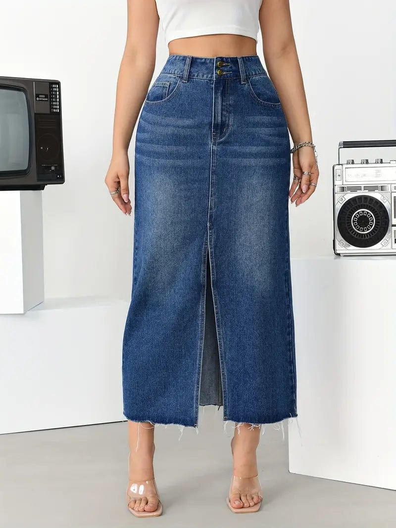 Split Denim Midi Skirt with High Waist and Stylish Slant Pockets