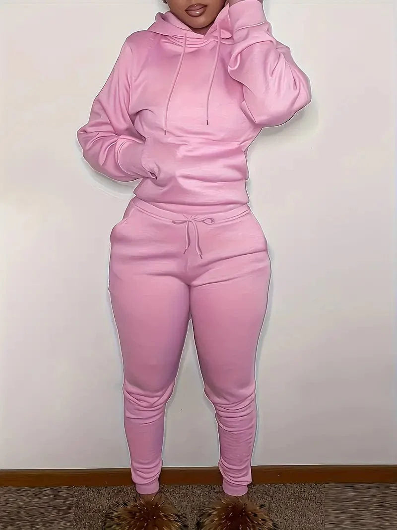 Casual Drawstring Pants and Hoodie Combo Set for Women