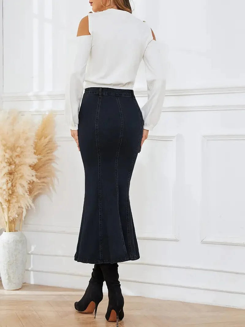 Mermaid Denim Skirt with Slant Pockets - Stretch High Waist Women's Denim Midi Skirt