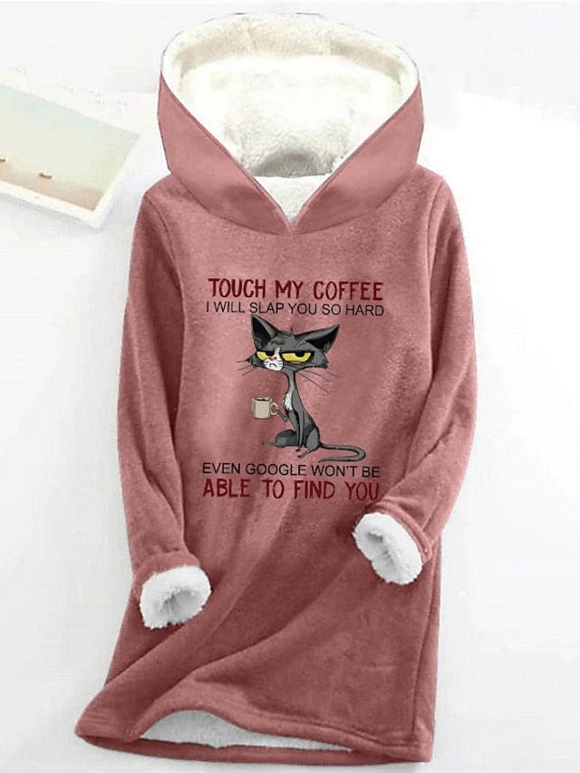Cozy Cat Letter Print Sherpa Fleece Women's Hoodie Sweatshirt
