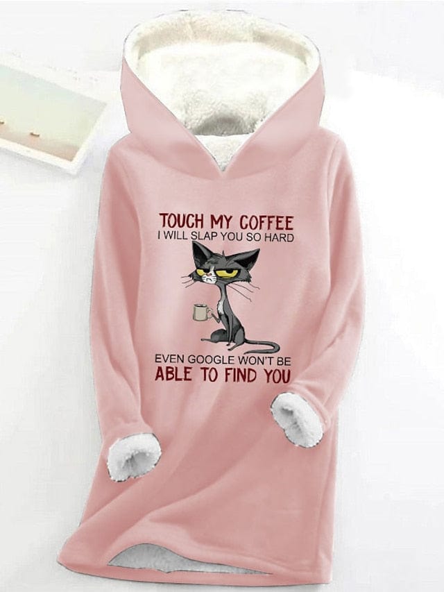 Cozy Cat Letter Print Sherpa Fleece Women's Hoodie Sweatshirt