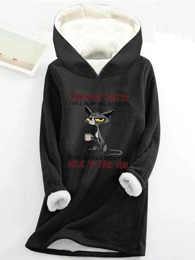 Cozy Cat Letter Print Sherpa Fleece Women's Hoodie Sweatshirt