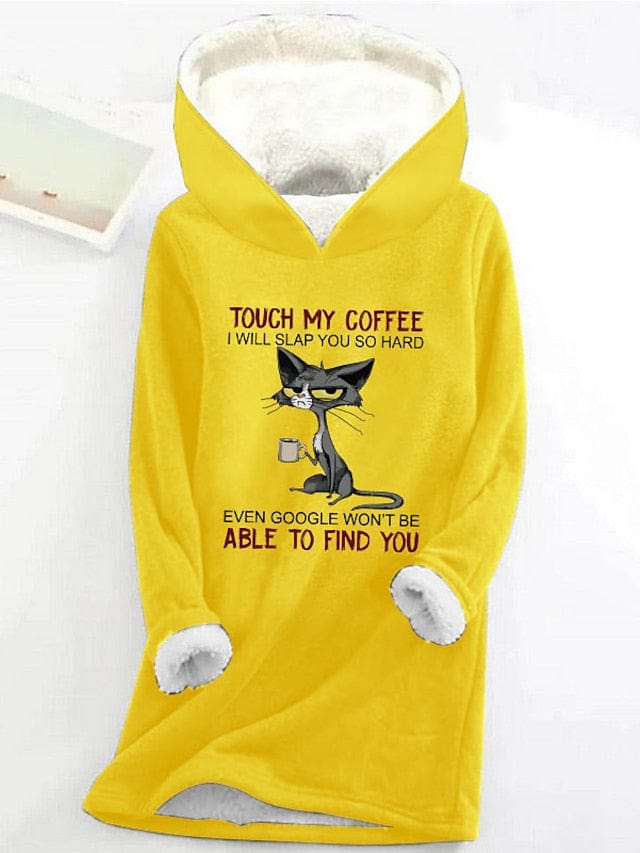 Cozy Cat Letter Print Sherpa Fleece Women's Hoodie Sweatshirt