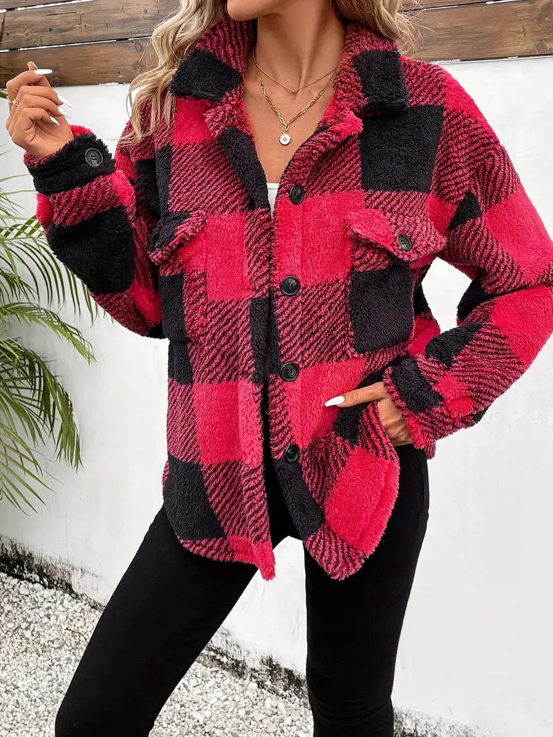 Cozy Plaid Coat with Button Front and Warm Long Sleeves for Women