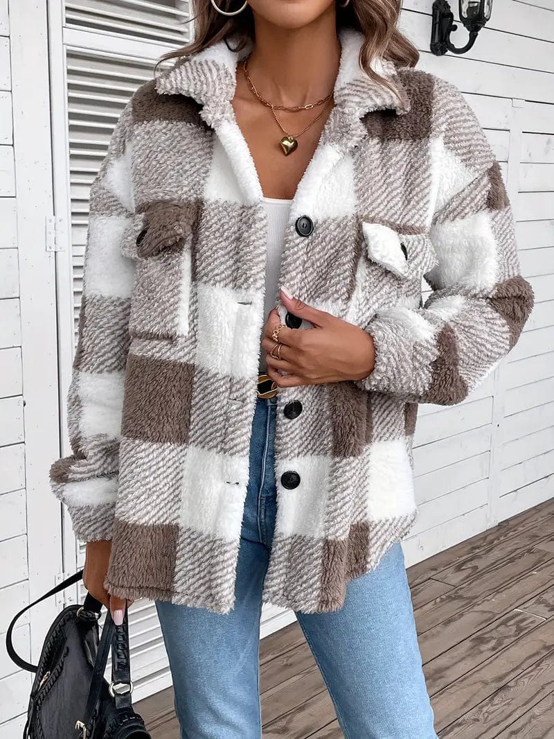 Cozy Plaid Coat with Button Front and Warm Long Sleeves for Women