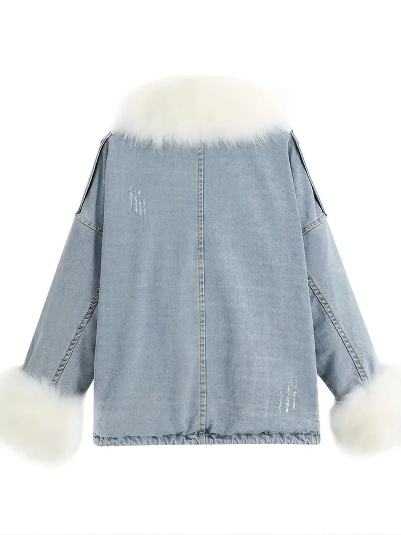 Cozy Women's Denim Jacket with Faux Fur Trim and Drawstring Waist