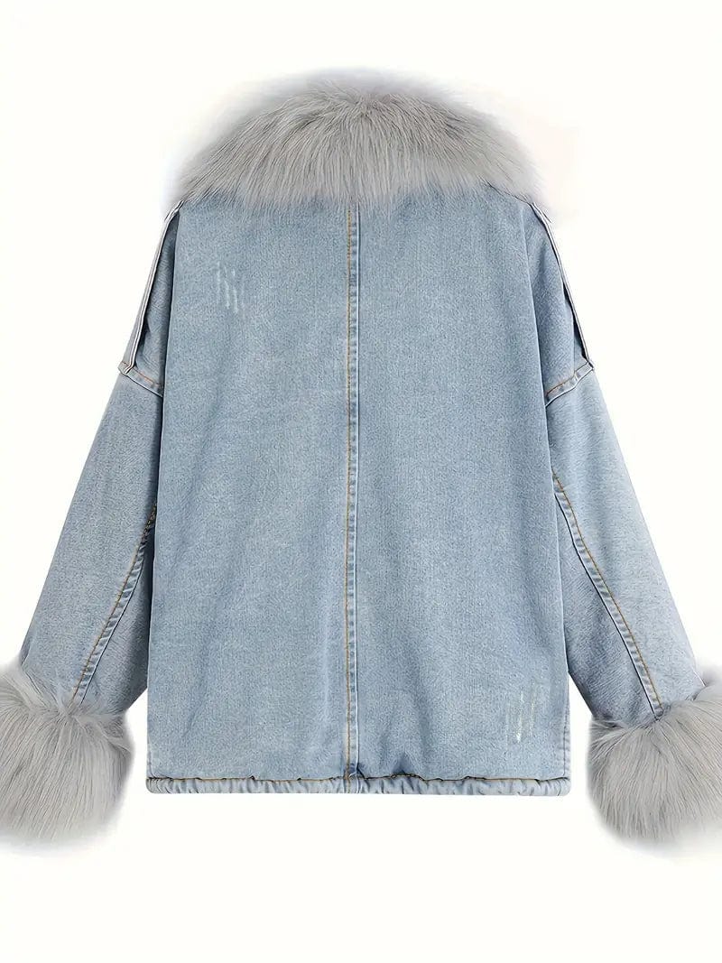 Cozy Women's Denim Jacket with Faux Fur Trim and Drawstring Waist