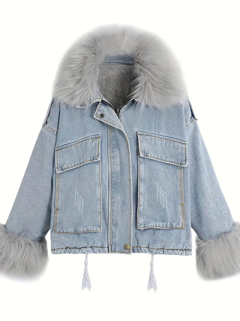 Cozy Women's Denim Jacket with Faux Fur Trim and Drawstring Waist