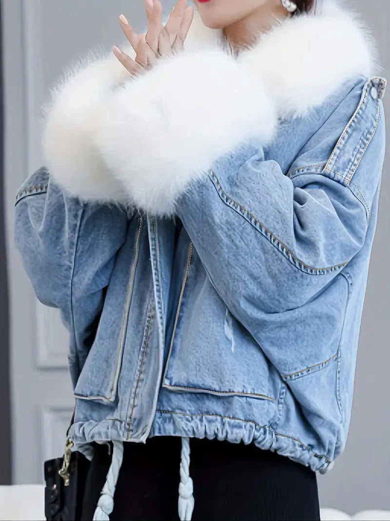 Cozy Women's Denim Jacket with Faux Fur Trim and Drawstring Waist