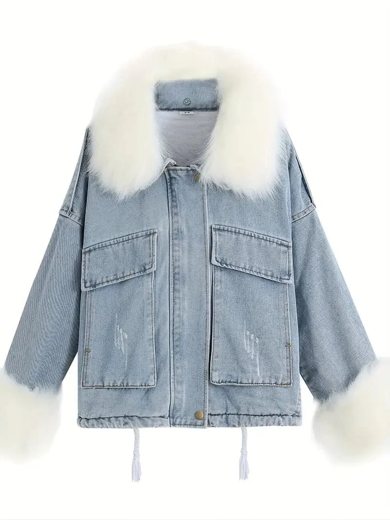 Cozy Women's Denim Jacket with Faux Fur Trim and Drawstring Waist