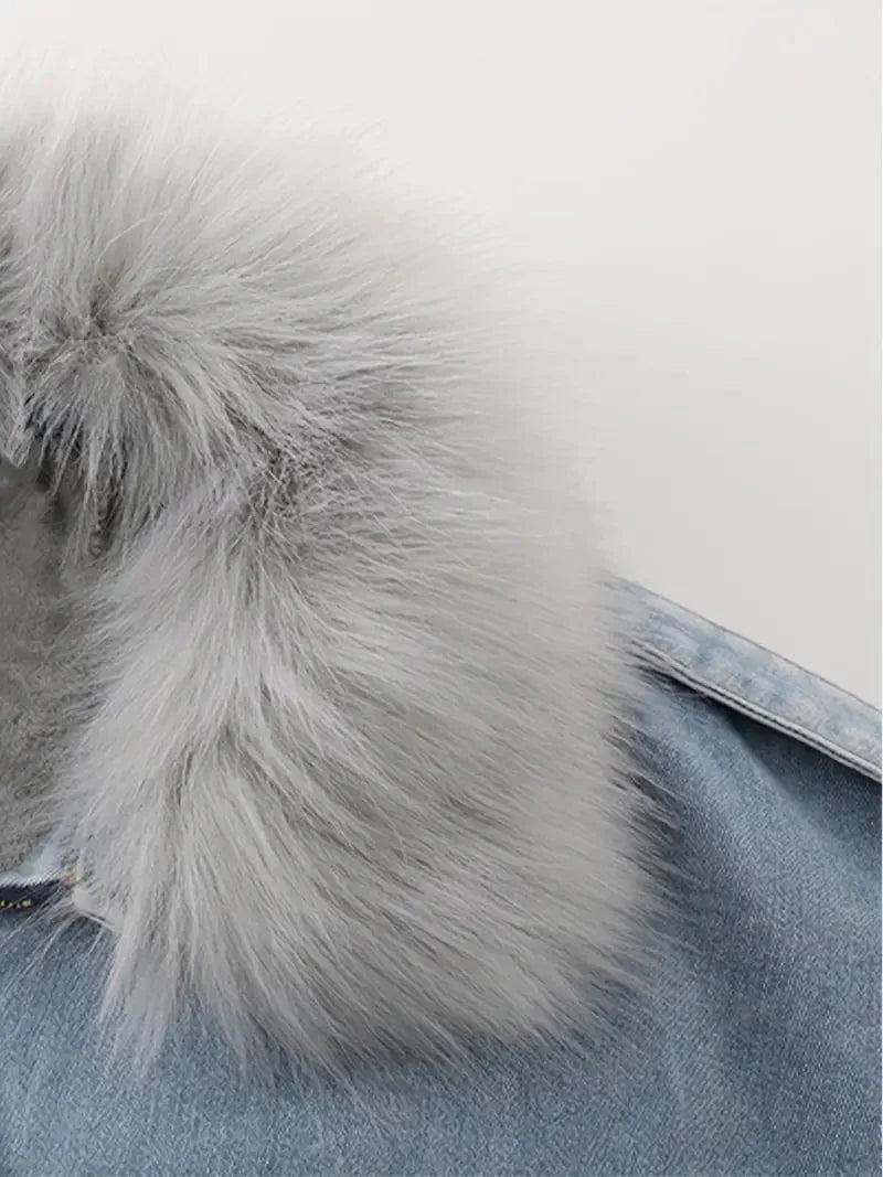 Cozy Women's Denim Jacket with Faux Fur Trim and Drawstring Waist