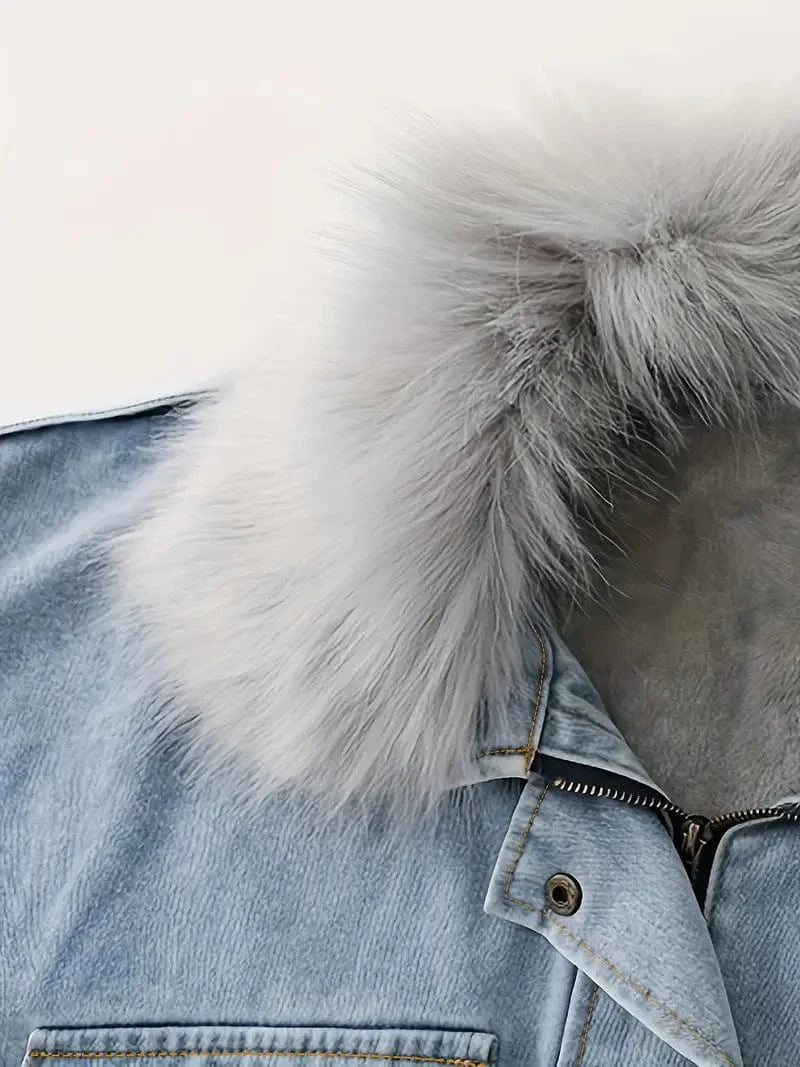 Cozy Women's Denim Jacket with Faux Fur Trim and Drawstring Waist