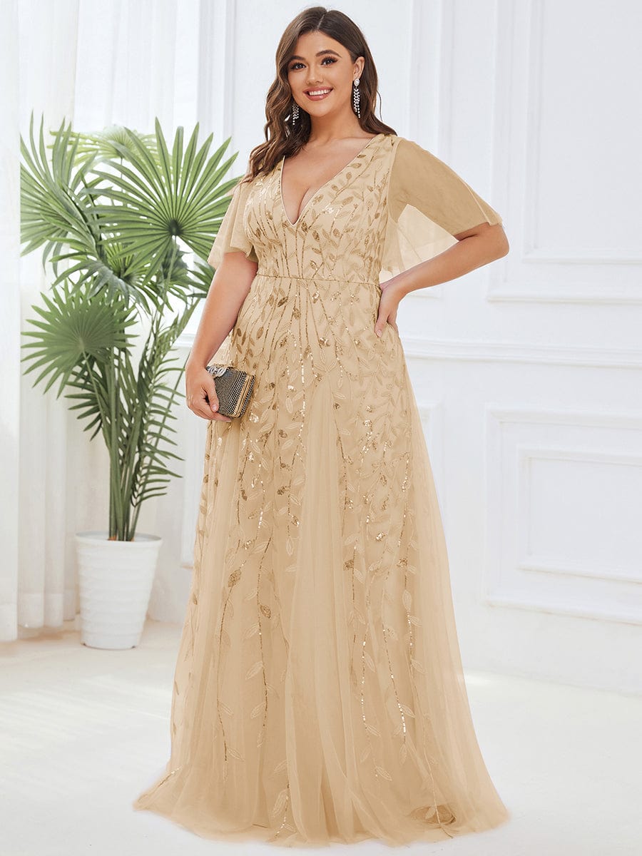 Elegant Plus Size Sequin Evening Gown with Short Sleeves