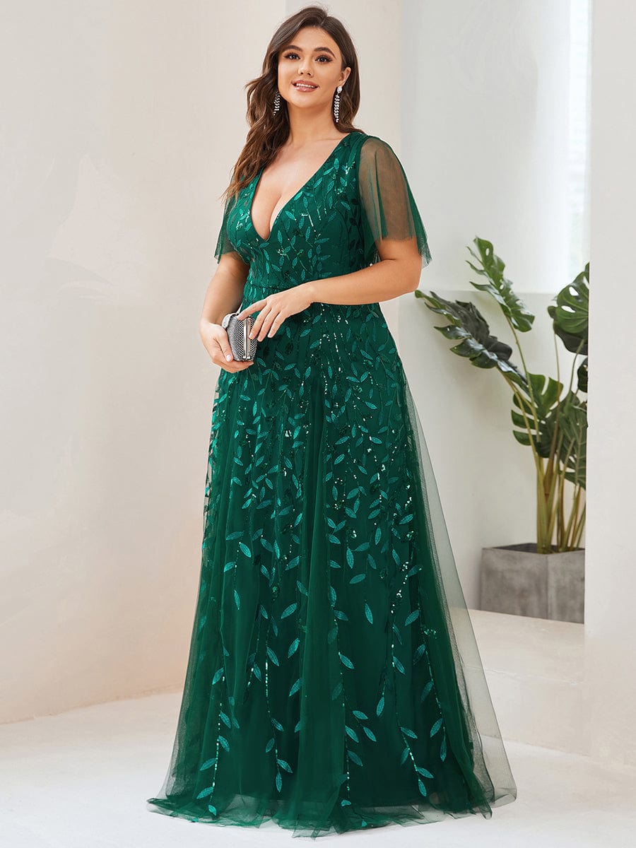 Elegant Plus Size Sequin Evening Gown with Short Sleeves
