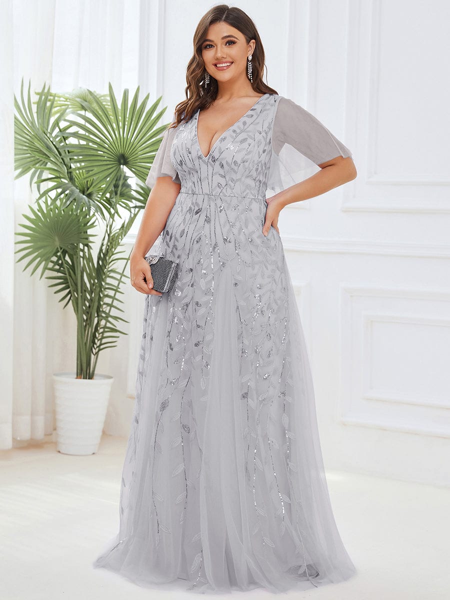 Elegant Plus Size Sequin Evening Gown with Short Sleeves