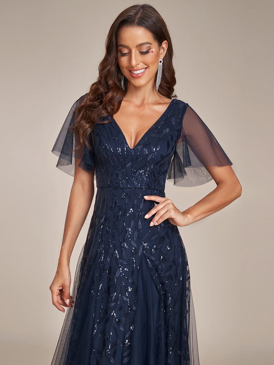 Elegant Plus Size Sequin Evening Gown with Short Sleeves