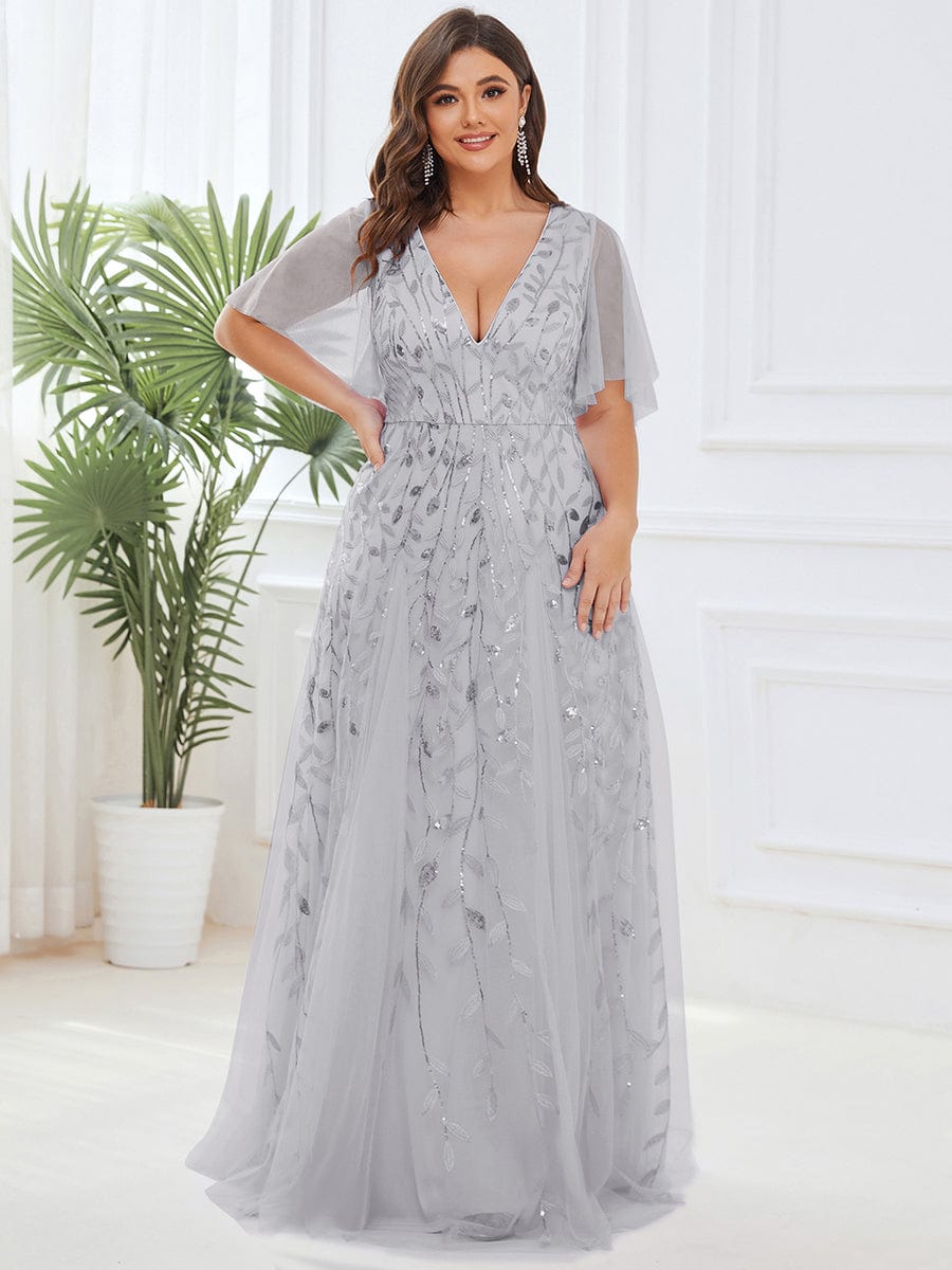 Elegant Plus Size Sequin Evening Gown with Short Sleeves