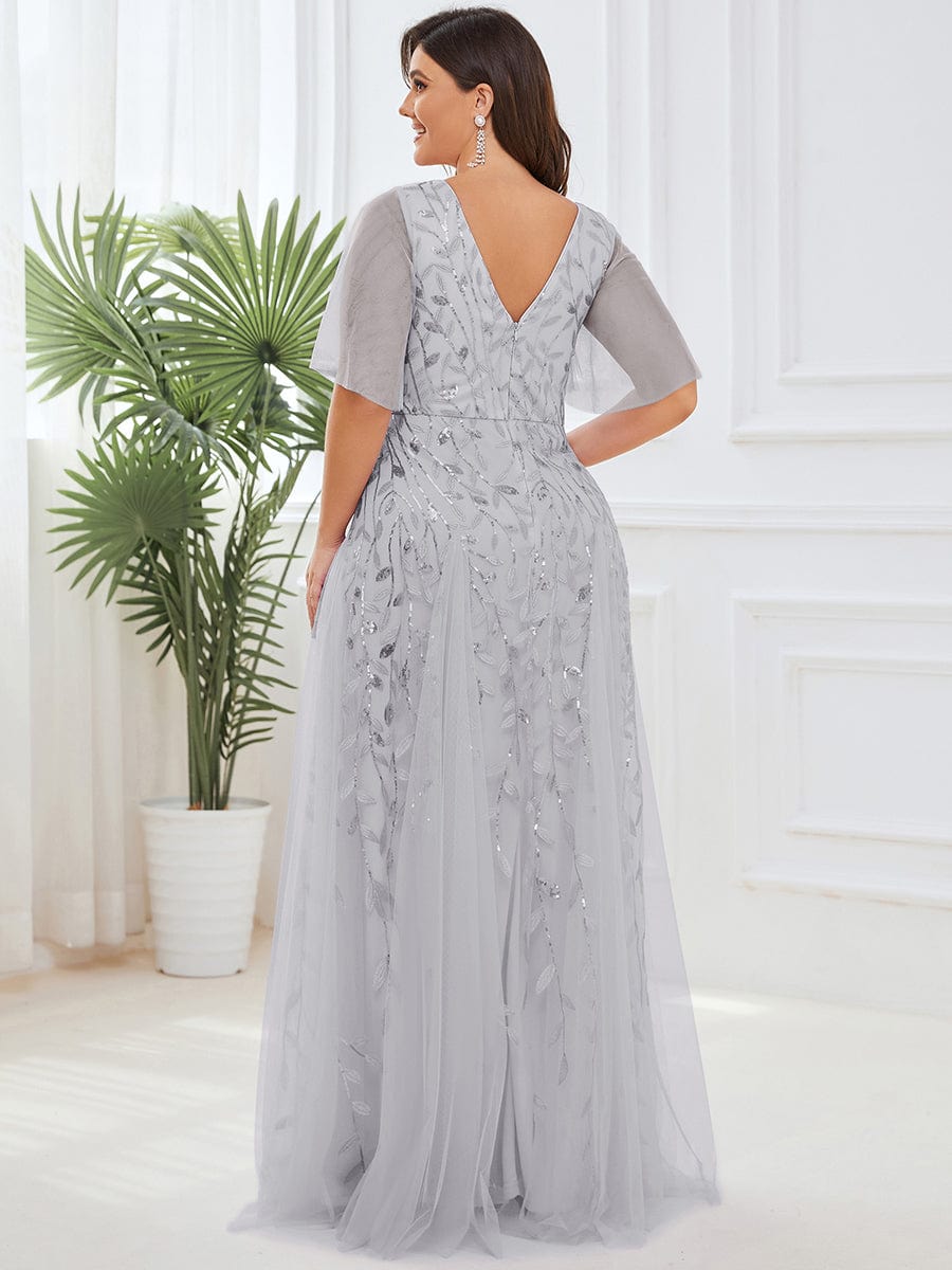 Elegant Plus Size Sequin Evening Gown with Short Sleeves