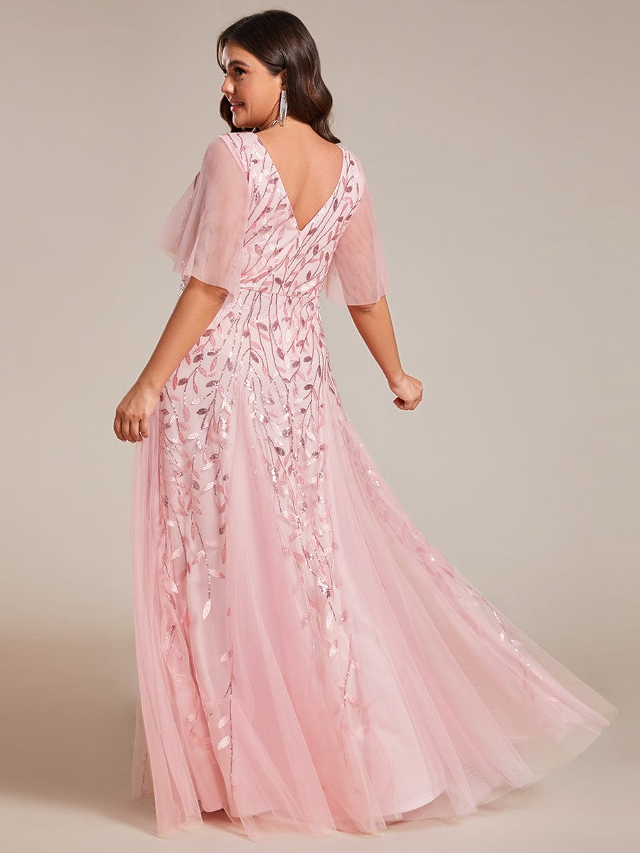 Elegant Plus Size Sequin Evening Gown with Short Sleeves