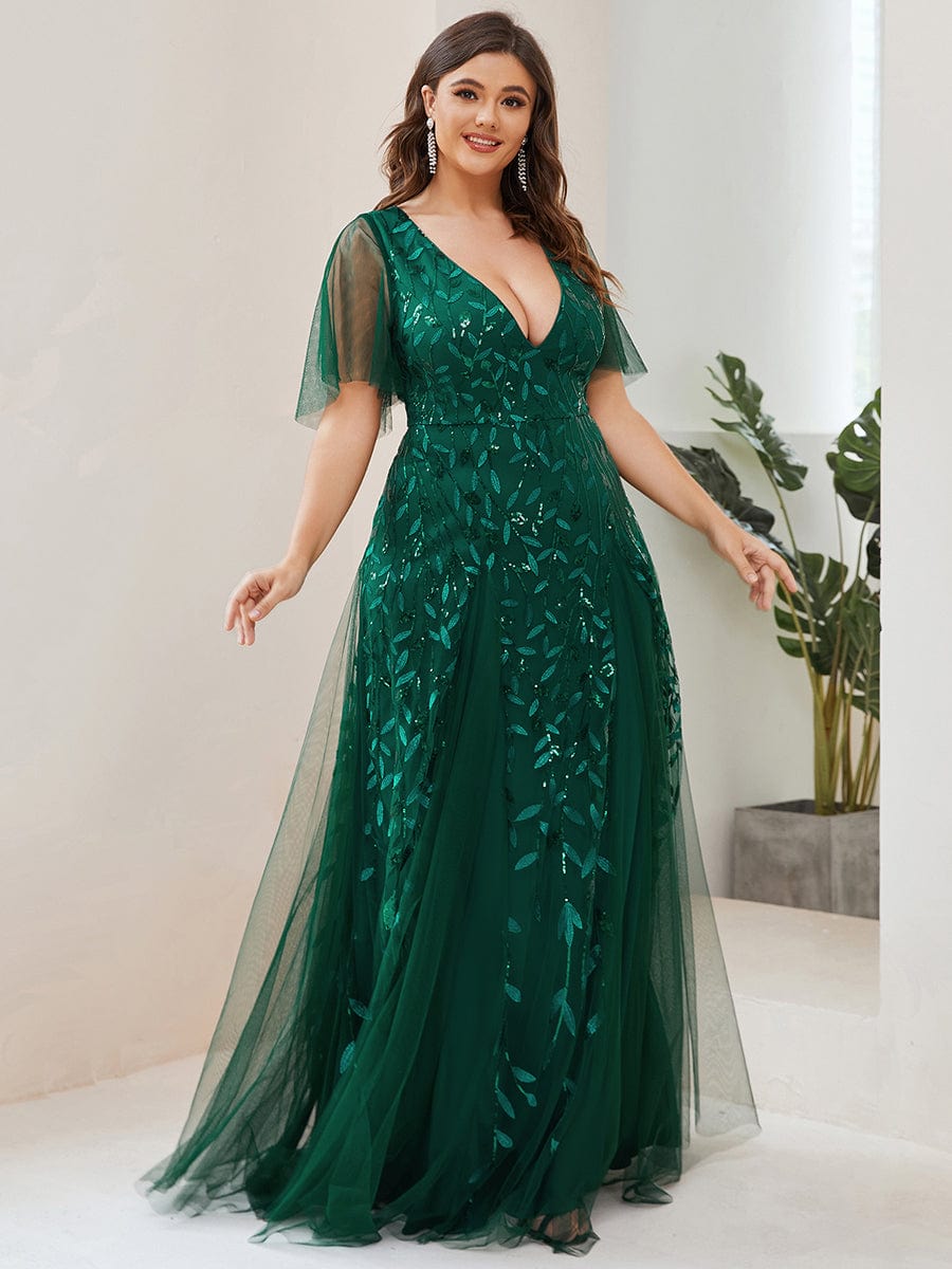 Elegant Plus Size Sequin Evening Gown with Short Sleeves