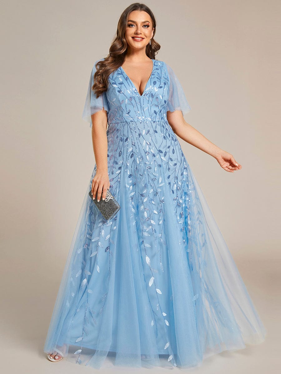 Elegant Plus Size Sequin Evening Gown with Short Sleeves