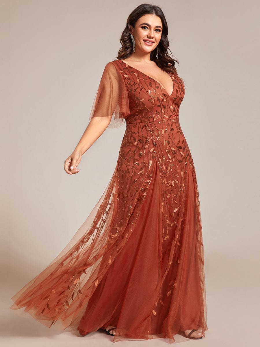 Elegant Plus Size Sequin Evening Gown with Short Sleeves
