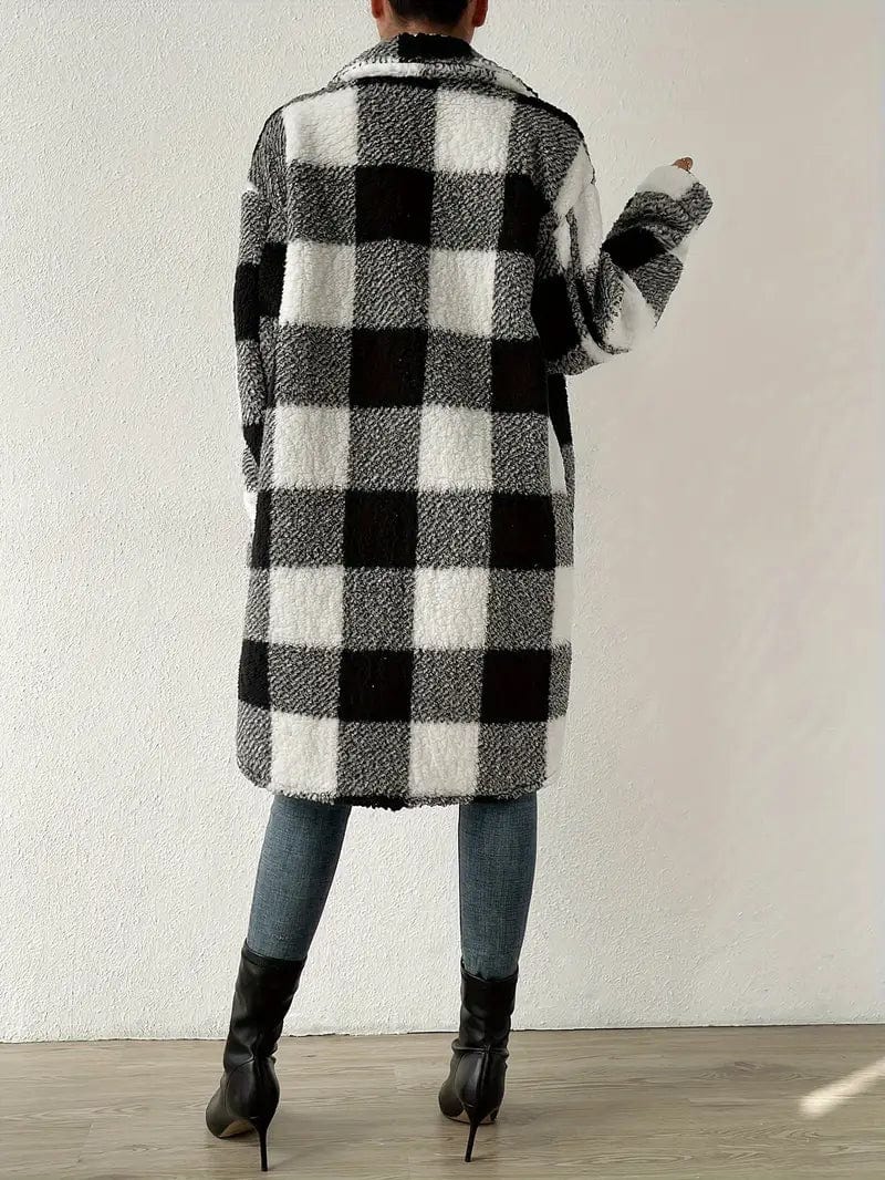 Plaid Pattern Teddy Coat, Stylish Open Front Long Sleeve Outerwear, Women's Garment