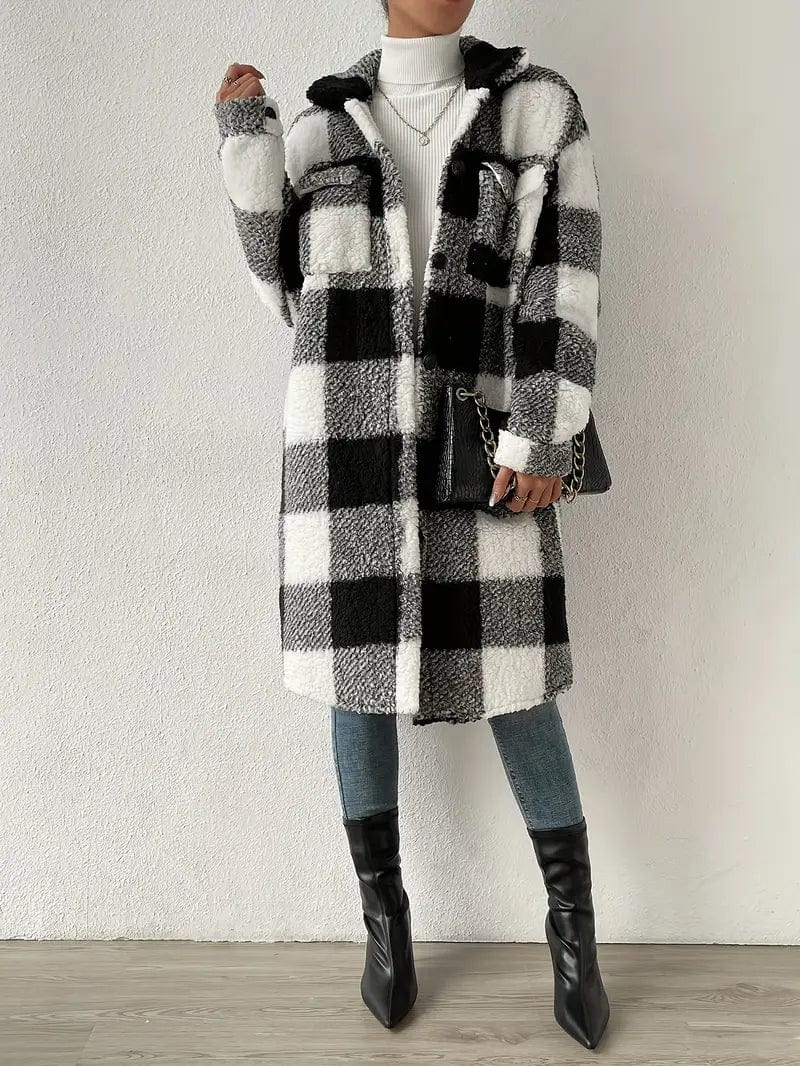 Plaid Pattern Teddy Coat, Stylish Open Front Long Sleeve Outerwear, Women's Garment