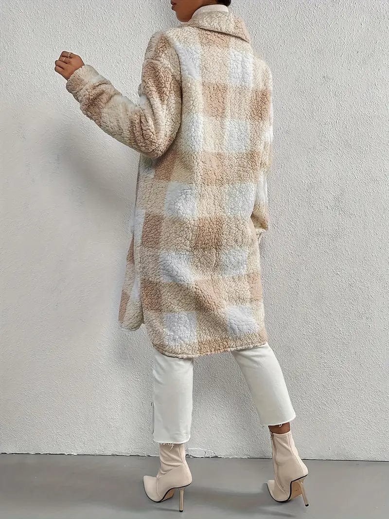 Plaid Pattern Teddy Coat, Stylish Open Front Long Sleeve Outerwear, Women's Garment
