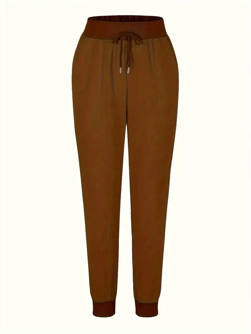 Solid Drawstring Pants, Women's Casual Long Length Trousers With Pockets