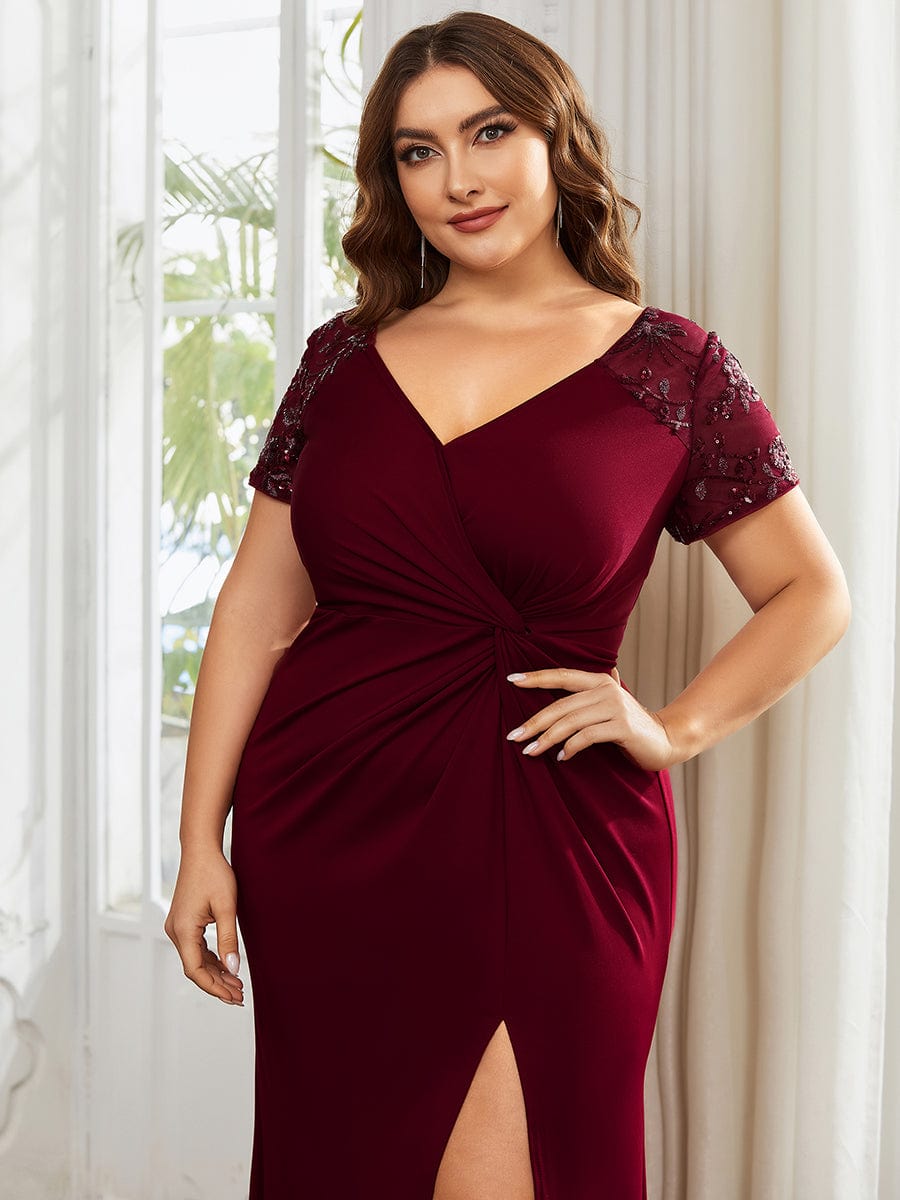 Deep V-Neck Sequin Short Sleeve High Side Front Slit Mother of the Bride Dress