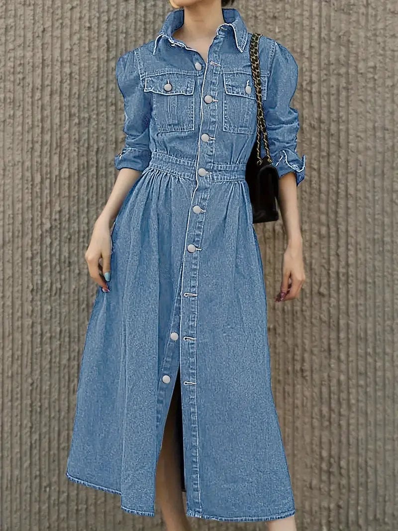 Denim Dress with Single-breasted Lapel, Long Sleeve, and Flap Pockets for Women