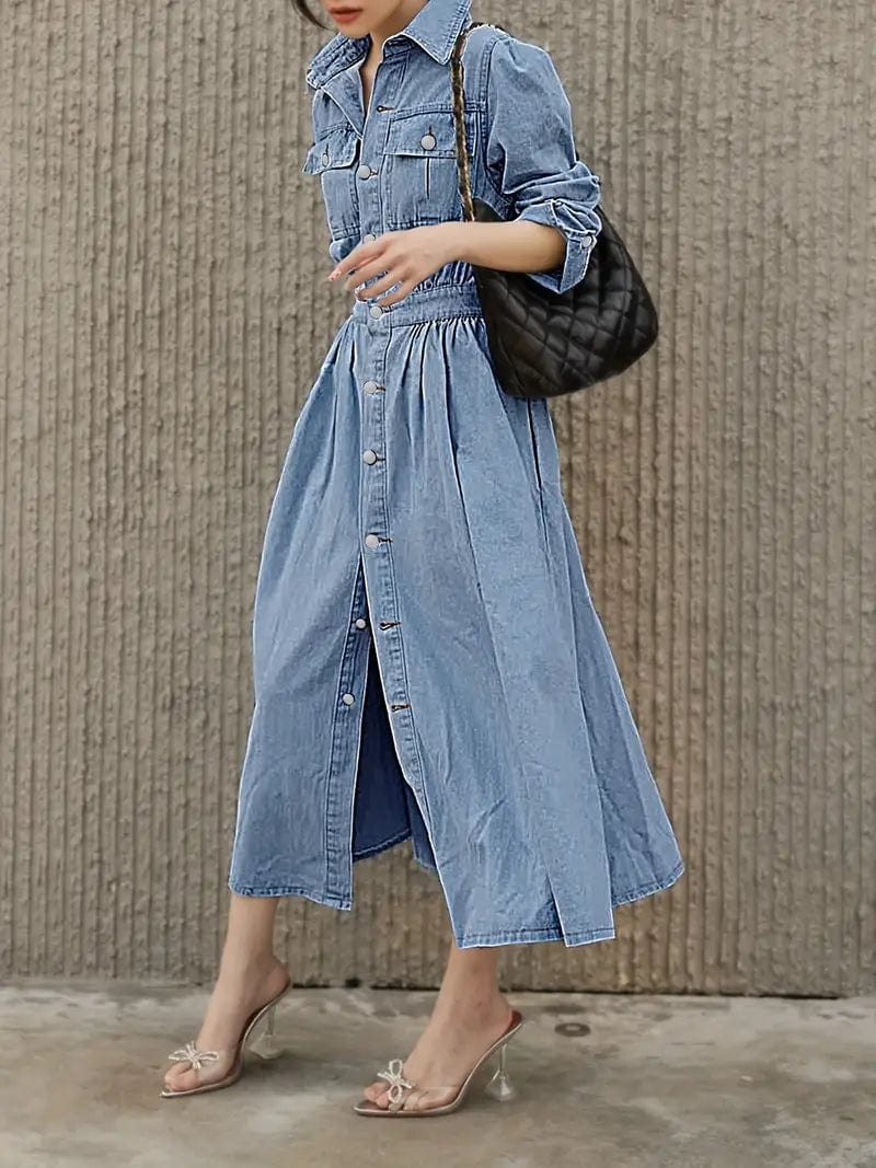 Denim Dress with Single-breasted Lapel, Long Sleeve, and Flap Pockets for Women