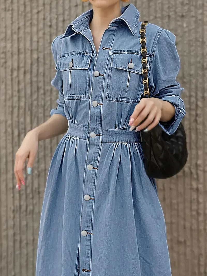 Denim Dress with Single-breasted Lapel, Long Sleeve, and Flap Pockets for Women