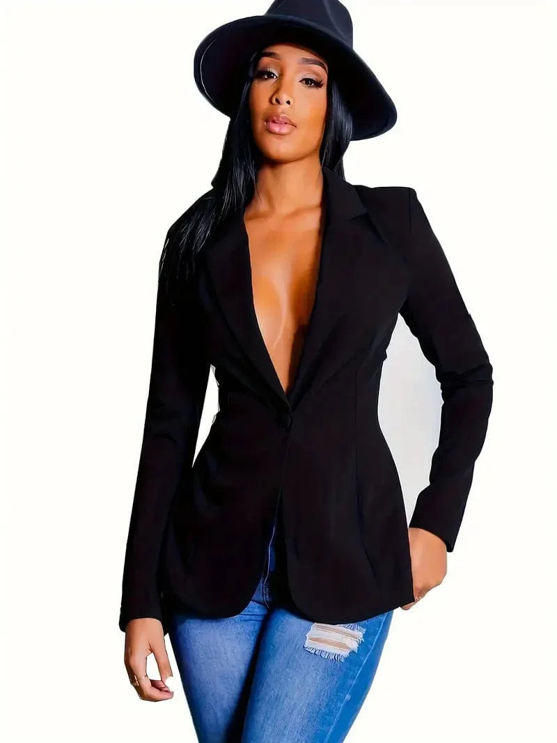 Solid Blazer with Tie Back and Casual Lapel, Long Sleeve Outerwear for Women