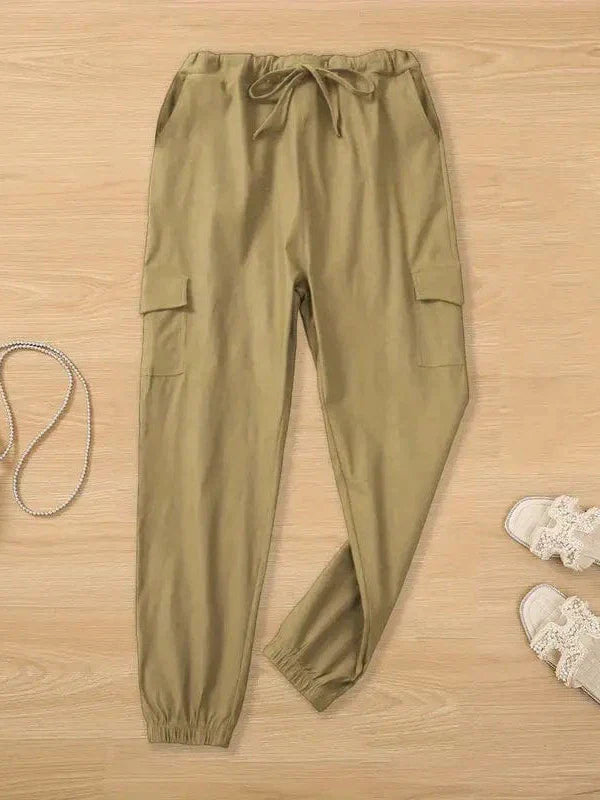 Solid Drawstring Cargo Pants for Y2K, Elastic Waist Casual Trousers With Pockets, Women's Clothing