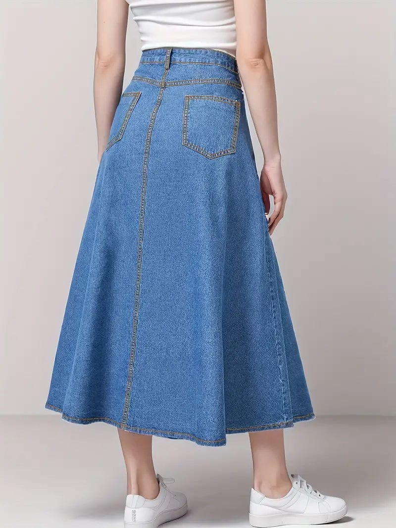 High Waist A-Line Denim Skirt with Single Button Closure, Side Pockets - Women's Midi Denim Skirt