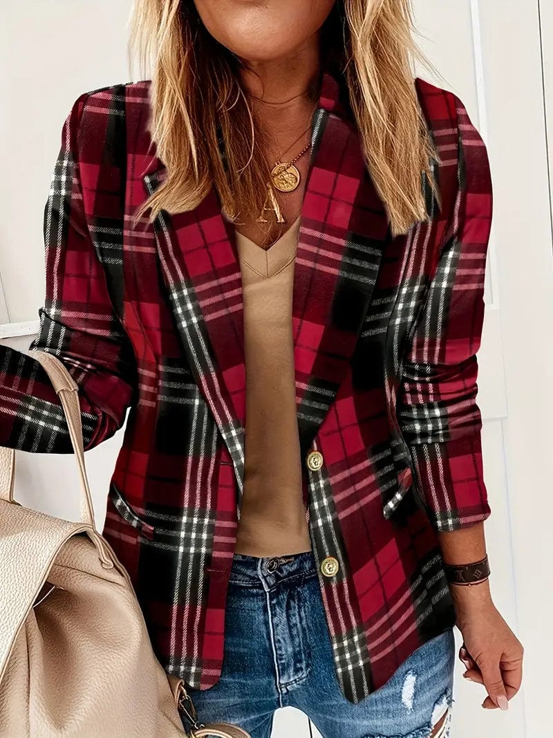Plaid Lapel Blazer with Single Breasted Long Sleeve - Women's Outerwear