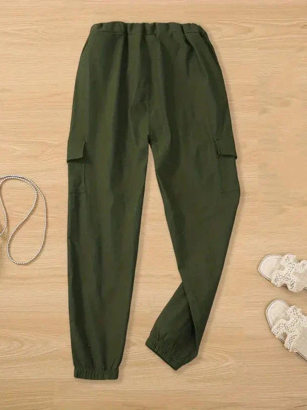 Solid Drawstring Cargo Pants for Y2K, Elastic Waist Casual Trousers With Pockets, Women's Clothing